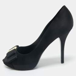 Louis Vuitton Black Satin Peep Toe Platform Pumps Size 40.5