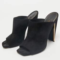 Louis Vuitton Black Suede Block Heel Mules Size 38