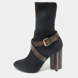 Louis Vuitton Black/Brown Knit Fabric And Monogram Canvas Ankle Boots Size 39 