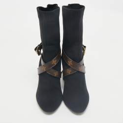 Pre Owned Louis Vuitton Black/Brown Knit Fabric And Monogram Canvas Ankle Boots Size 39 