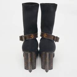 Pre Owned Louis Vuitton Black/Brown Knit Fabric And Monogram Canvas Ankle Boots Size 39 