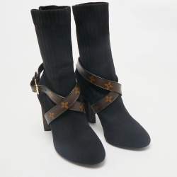 Pre Owned Louis Vuitton Black/Brown Knit Fabric And Monogram Canvas Ankle Boots Size 39 