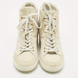 Louis Vuitton Beige Monogram Suede and Leather Millennium Wedge Sneakers Size 37