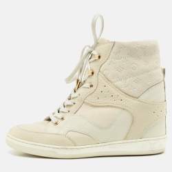 Louis Vuitton Beige Monogram Suede and Leather Millennium Wedge Sneakers Size 37