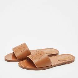 Pre Owned Louis Vuitton Brown Leather Lock It Flat Slides Size 37