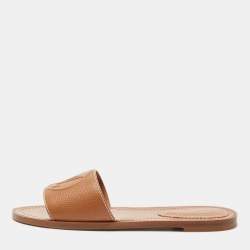 Louis Vuitton Brown Leather Lock It Flat Slides Size 37