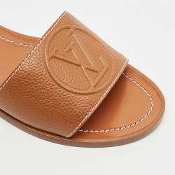 Pre Owned Louis Vuitton Brown Leather Lock It Flat Slides Size 37