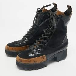 Pre Owned Louis Vuitton Black Suede and Monogram Canvas Laureate Desert Boots Size 39