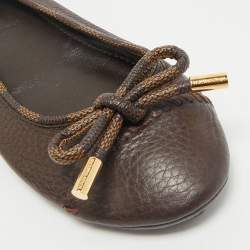 Pre Owned Louis Vuitton Brown Leather And Damier Ebene Canvas Bow Ballet Flats Size 39