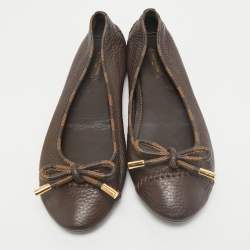 Pre Owned Louis Vuitton Brown Leather And Damier Ebene Canvas Bow Ballet Flats Size 39