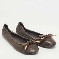 Pre Owned Louis Vuitton Brown Leather And Damier Ebene Canvas Bow Ballet Flats Size 39