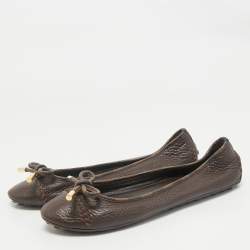 Pre Owned Louis Vuitton Brown Leather And Damier Ebene Canvas Bow Ballet Flats Size 39
