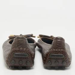 Pre Owned Louis Vuitton Brown Leather And Damier Ebene Canvas Bow Ballet Flats Size 39