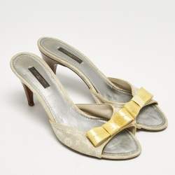 Louis Vuitton Yellow/Cream Monogram Fabric and Patent Leather Bow Slide Sandals Size 39.5