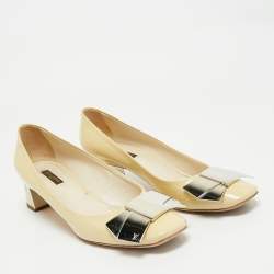 Louis Vuitton Cream Patent Leather Bow Block Heel Pumps Size 40
