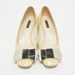 Louis Vuitton Cream Patent Leather Bow Block Heel Pumps Size 40