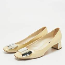 Louis Vuitton Cream Patent Leather Bow Block Heel Pumps Size 40