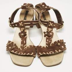 Louis Vuitton Brown Suede T-Strap Sandals Size 39