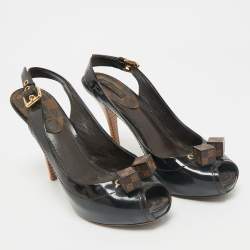 Louis Vuitton Brown Vernis Dice Peep Toe Slingback Pumps Size 38