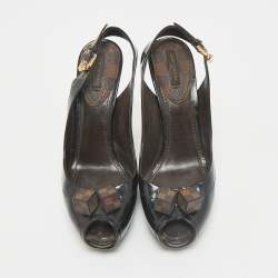 Louis Vuitton Brown Vernis Dice Peep Toe Slingback Pumps Size 38