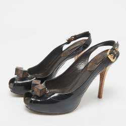 Louis Vuitton Brown Vernis Dice Peep Toe Slingback Pumps Size 38