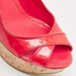 Louis Vuitton Red Monogram Vernis Patent Wedge Sandals Size 37.5