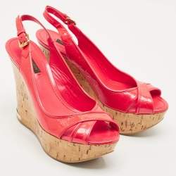 Louis Vuitton Red Monogram Vernis Patent Wedge Sandals Size 37.5