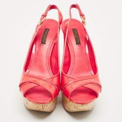 Louis Vuitton Red Monogram Vernis Patent Wedge Sandals Size 37.5