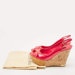 Louis Vuitton Red Monogram Vernis Patent Wedge Sandals Size 37.5