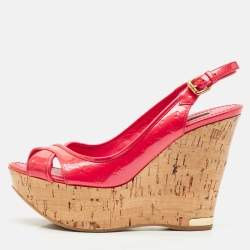 Louis Vuitton Red Monogram Vernis Patent Wedge Sandals Size 37.5