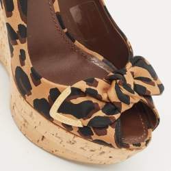 Louis Vuitton Brown Leopard Print Fabric Bow Cork Wedge Platform Slingback Pumps Size 37.5