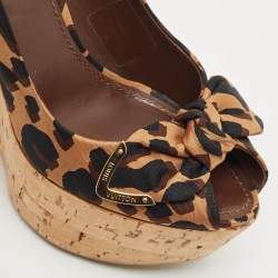 Louis Vuitton Brown Leopard Print Fabric Bow Cork Wedge Platform Slingback Pumps Size 37.5