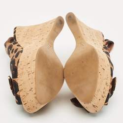 Louis Vuitton Brown Leopard Print Fabric Bow Cork Wedge Platform Slingback Pumps Size 37.5