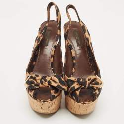 Louis Vuitton Brown Leopard Print Fabric Bow Cork Wedge Platform Slingback Pumps Size 37.5