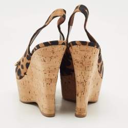 Louis Vuitton Brown Leopard Print Fabric Bow Cork Wedge Platform Slingback Pumps Size 37.5