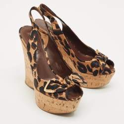 Louis Vuitton Brown Leopard Print Fabric Bow Cork Wedge Platform Slingback Pumps Size 37.5