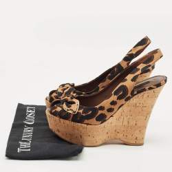 Louis Vuitton Brown Leopard Print Fabric Bow Cork Wedge Platform Slingback Pumps Size 37.5