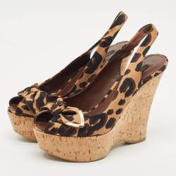 Louis Vuitton Brown Leopard Print Fabric Bow Cork Wedge Platform Slingback Pumps Size 37.5