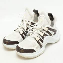 Pre Owned حذاء رياضي لوي فيتون أبيض/بني شبكي ومغلف بقماش مونوجرامي أرشلايت منخفض مقاس 37.5