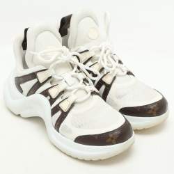 Pre Owned حذاء رياضي لوي فيتون أبيض/بني شبكي ومغلف بقماش مونوجرامي أرشلايت منخفض مقاس 37.5