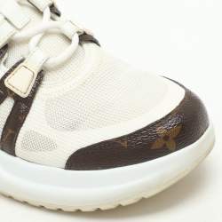 Pre Owned حذاء رياضي لوي فيتون أبيض/بني شبكي ومغلف بقماش مونوجرامي أرشلايت منخفض مقاس 37.5