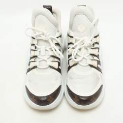 Pre Owned حذاء رياضي لوي فيتون أبيض/بني شبكي ومغلف بقماش مونوجرامي أرشلايت منخفض مقاس 37.5