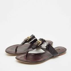 Pre Owned Louis Vuitton Burgundy Patent Leather Thong Flat Slides  Size 38.5