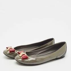 Pre Owned Louis Vuitton Grey Patent Leather Lou Bow Detail Ballet Flats Size 38