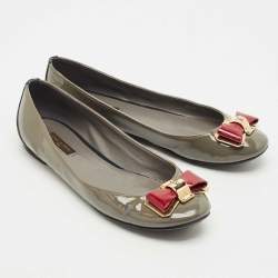 Pre Owned Louis Vuitton Grey Patent Leather Lou Bow Detail Ballet Flats Size 38