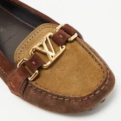 Pre Owned Louis Vuitton Brown/Beige Suede Oxford Slip On Loafers Size 38