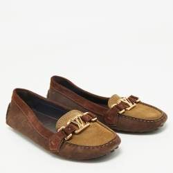 Pre Owned Louis Vuitton Brown/Beige Suede Oxford Slip On Loafers Size 38