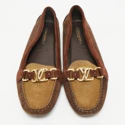 Pre Owned Louis Vuitton Brown/Beige Suede Oxford Slip On Loafers Size 38