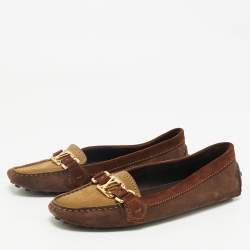 Pre Owned Louis Vuitton Brown/Beige Suede Oxford Slip On Loafers Size 38