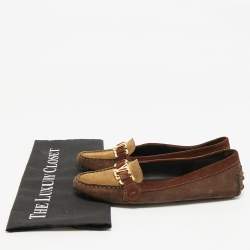 Pre Owned Louis Vuitton Brown/Beige Suede Oxford Slip On Loafers Size 38